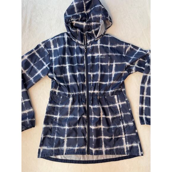 Columbia Girls Lightweight Rain Jacket Navy Blue White Print Windbreaker Coat L - Picture 1 of 8